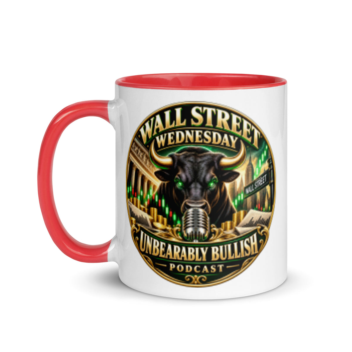 Wall Street Wednesday Mug with red interior, 11 oz, left side