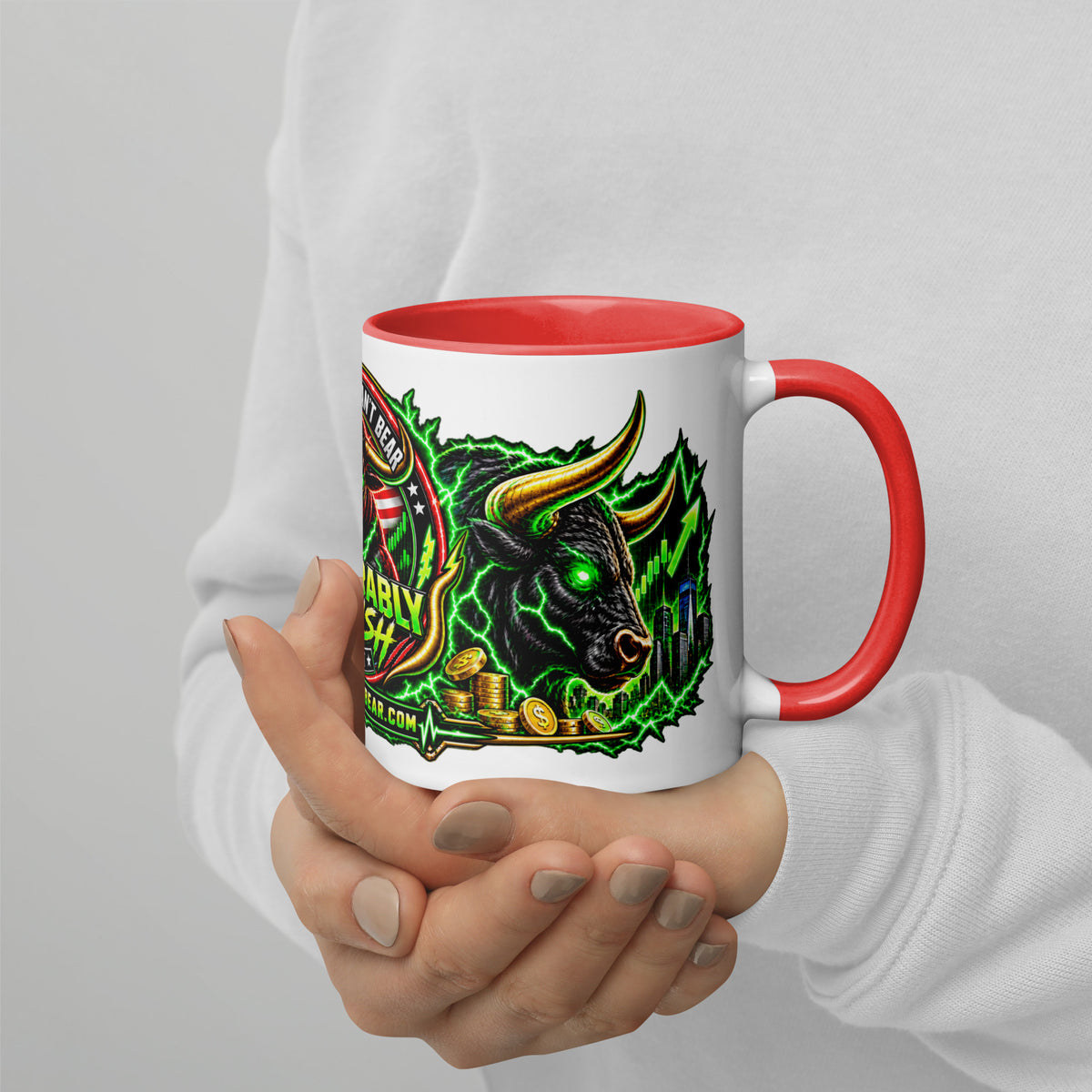 The Bull You Can't Bear Panorama Wrap Mug with red interior, 11 oz, right side alternate view