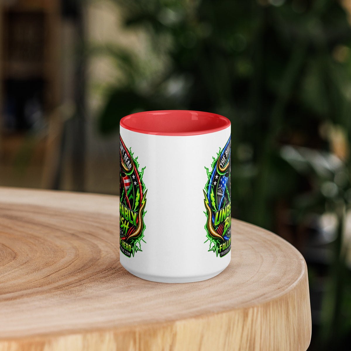 Unbearably Bullish Crest Mug with red interior, 15 oz, front view