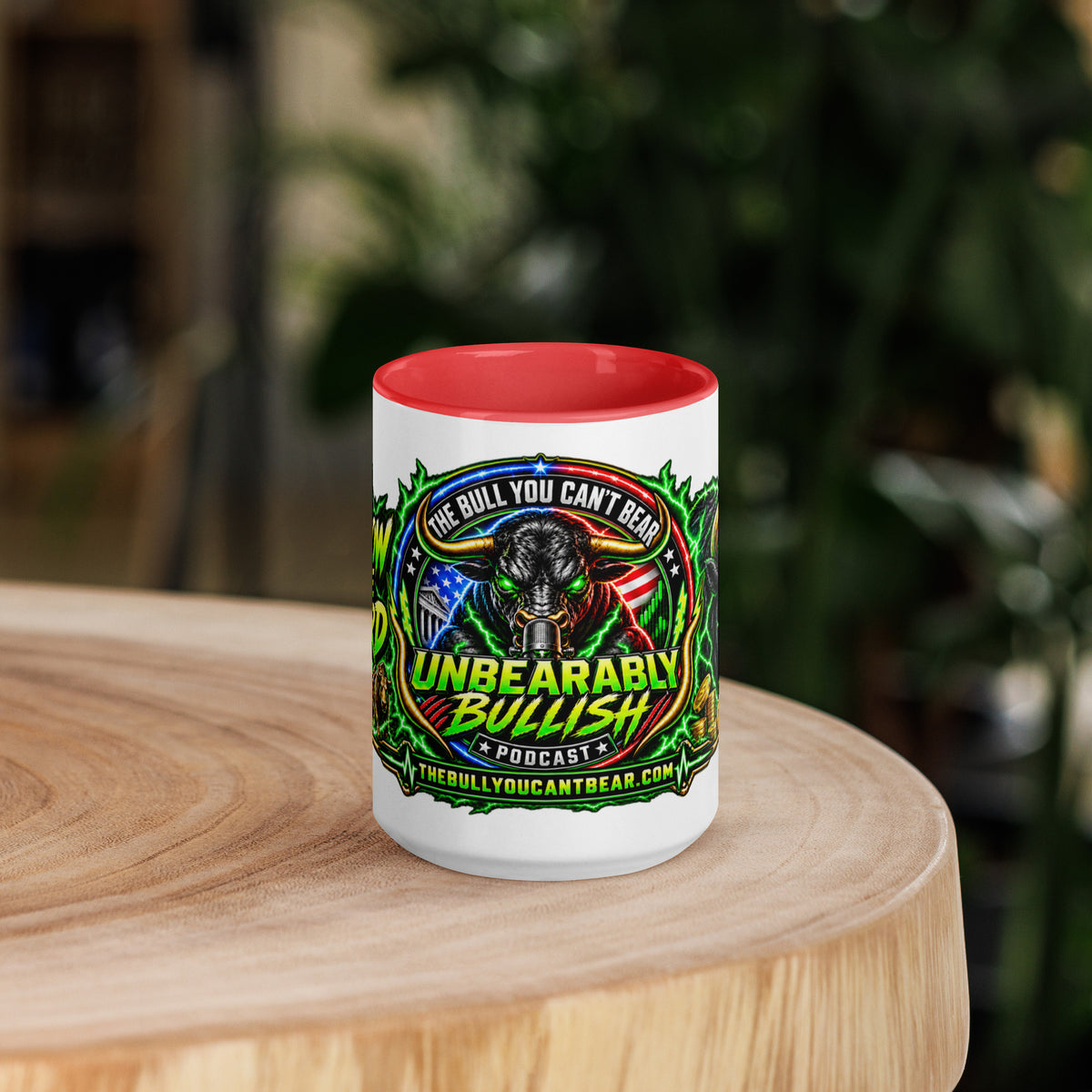 The Bull You Can't Bear Panorama Wrap Mug with red interior, 15 oz, front view