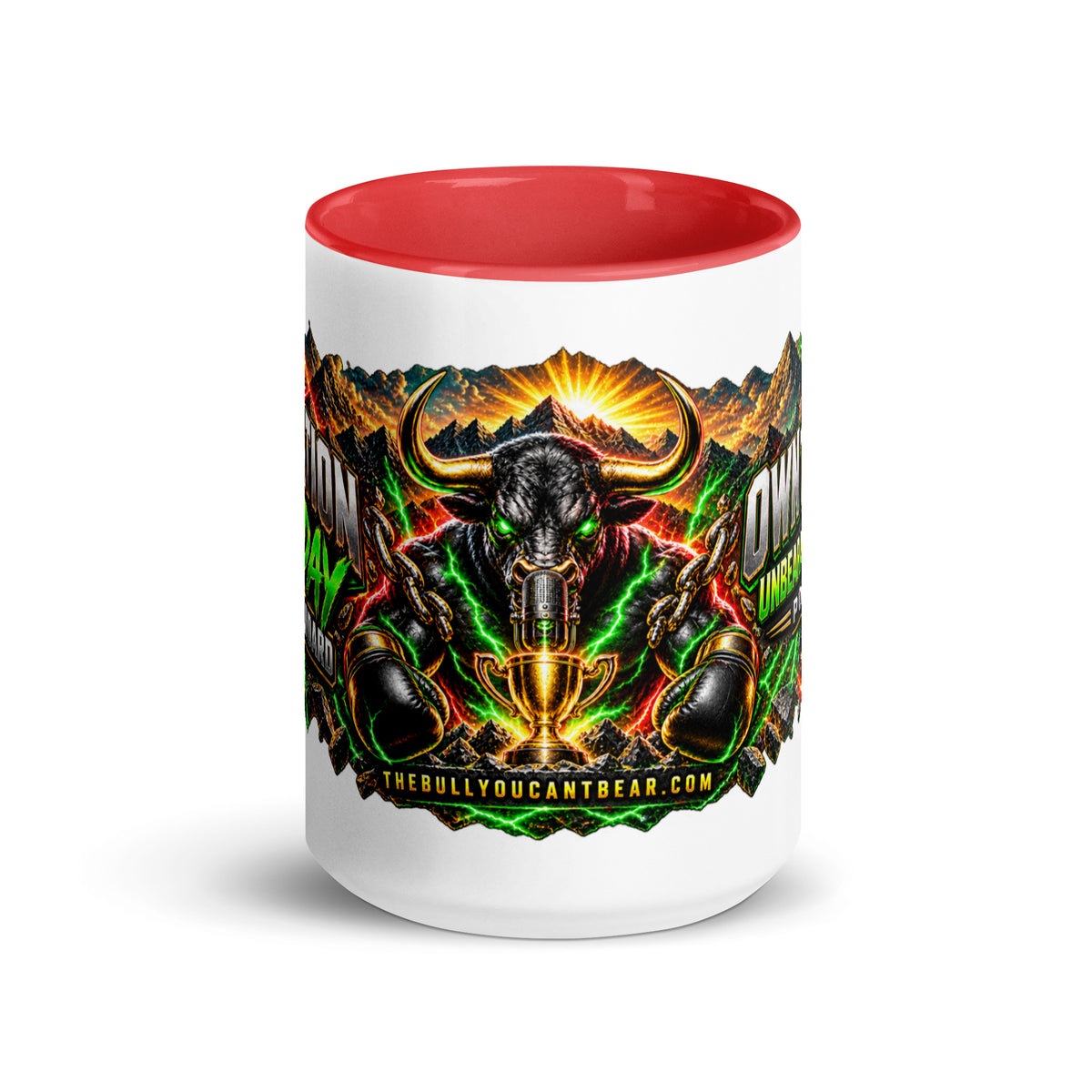 Motivation Monday Own The Week Mug with red interior, 15 oz, front view