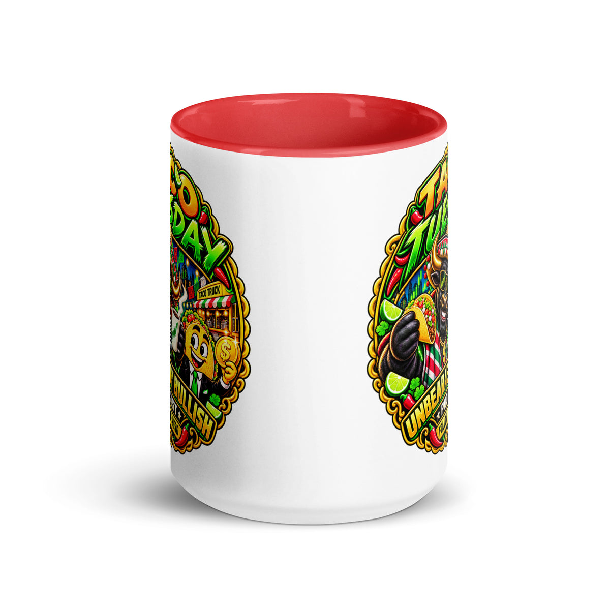 Taco Tuesday Mug with red interior, 15 oz, front view