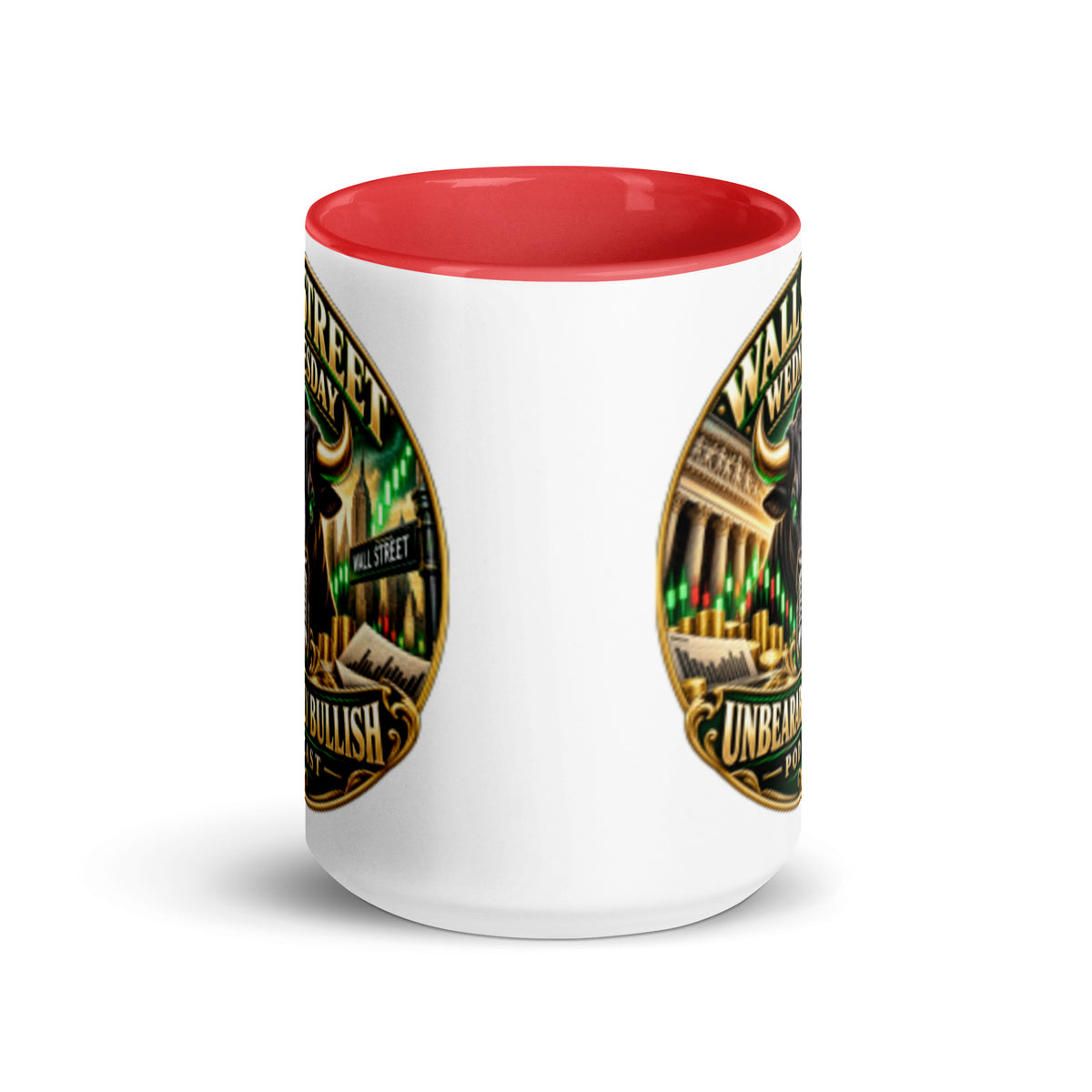 Wall Street Wednesday Mug with red interior, 15 oz, front view