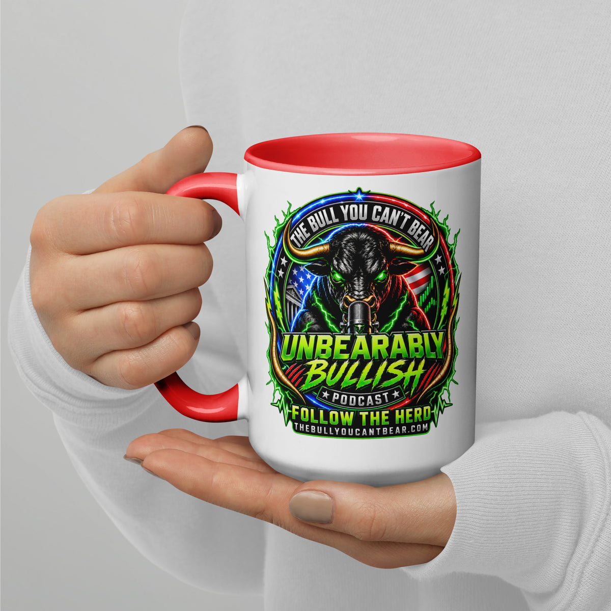 Unbearably Bullish Crest Mug with red interior, 15 oz, left side alternate view