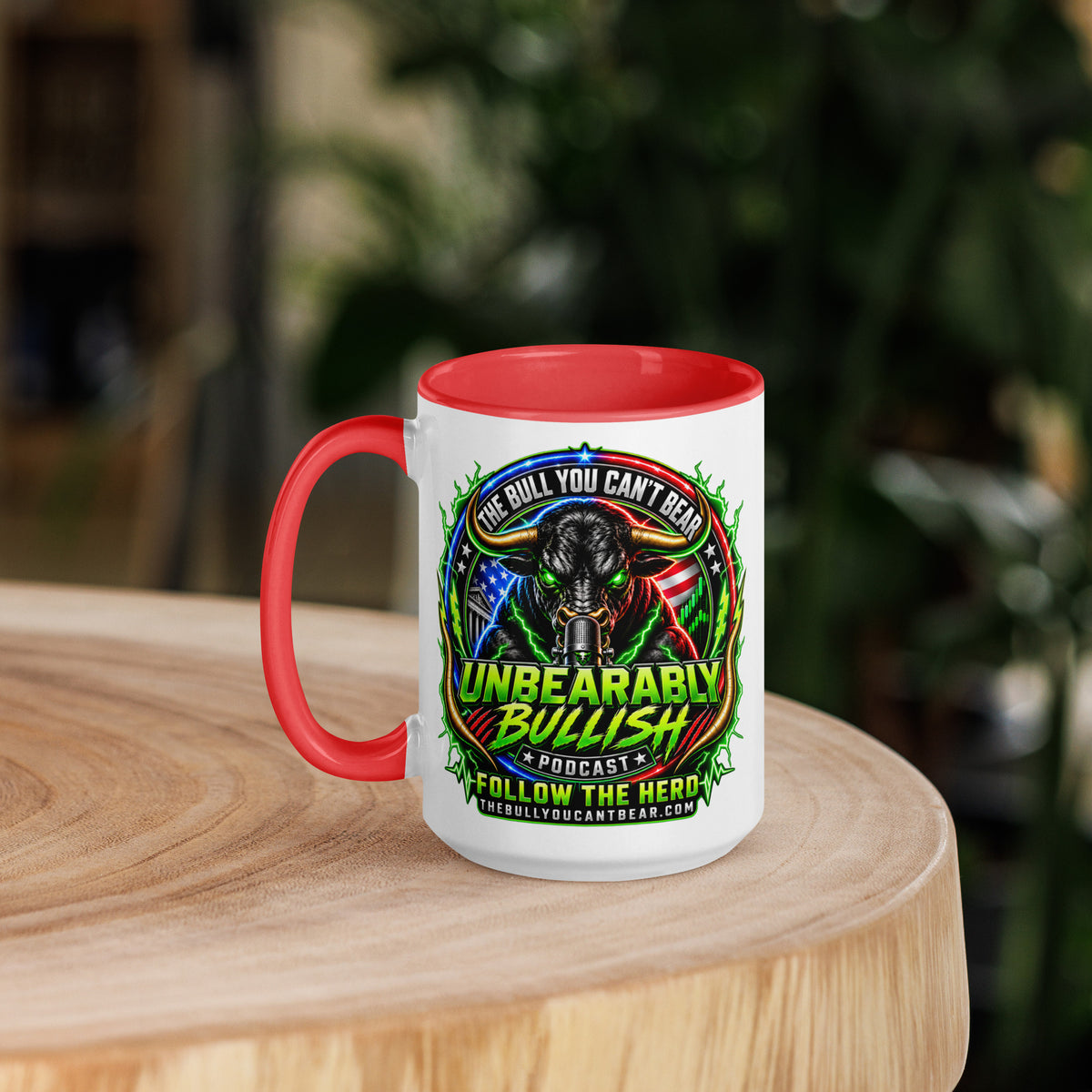 Unbearably Bullish Crest Mug with red interior, 15 oz, left side