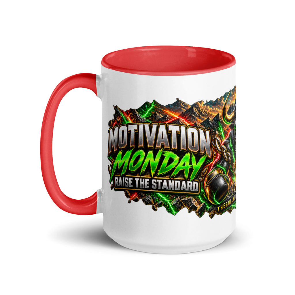 Motivation Monday Own The Week Mug with red interior, 15 oz, left side