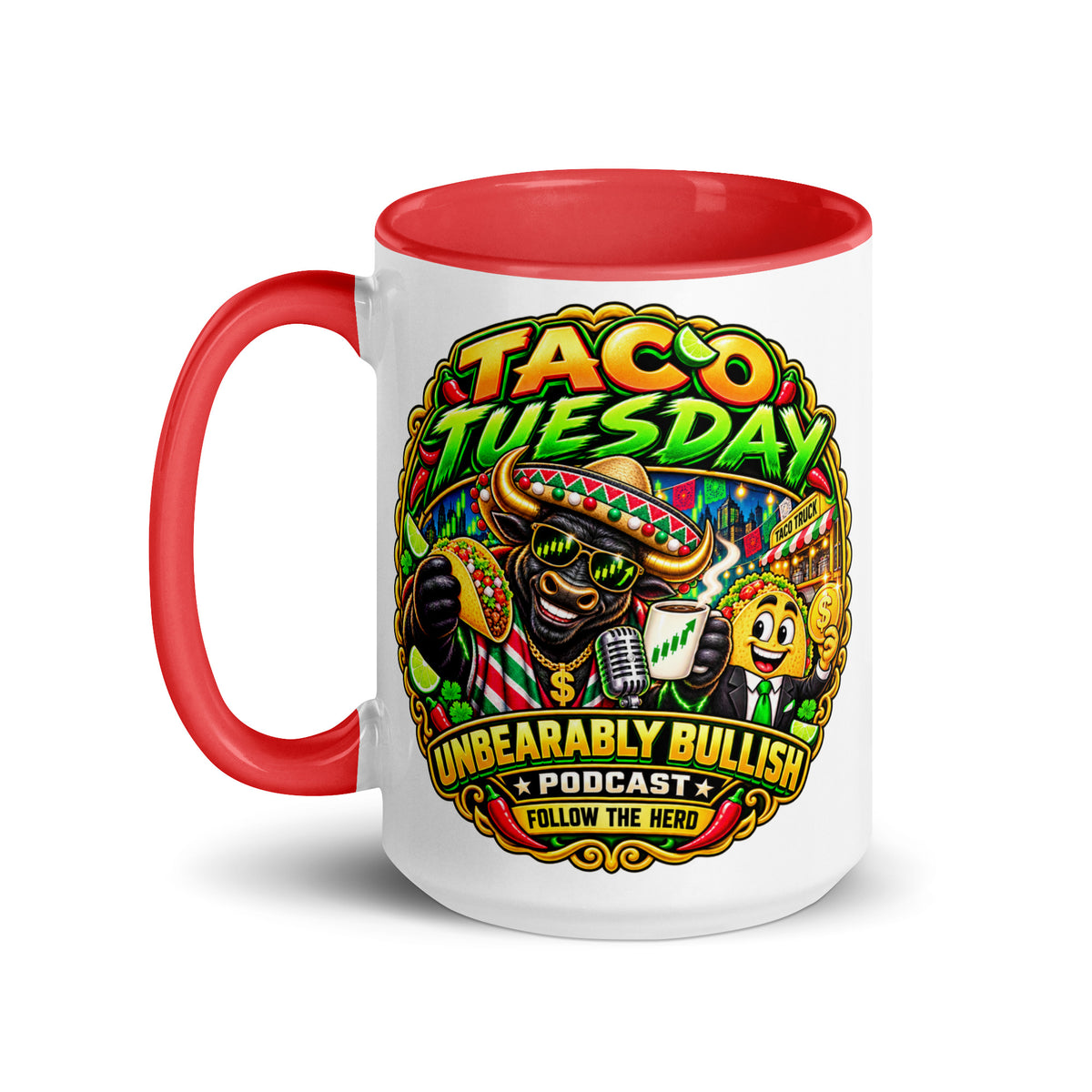 Taco Tuesday Mug with red interior, 15 oz, left side