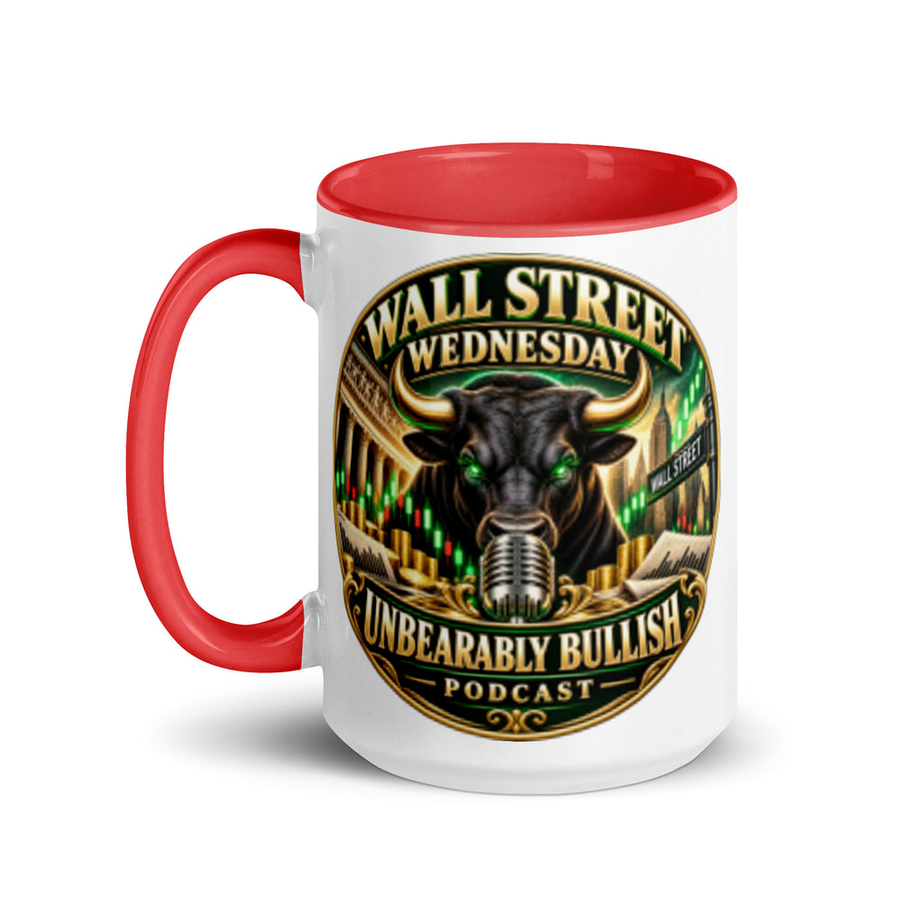 Wall Street Wednesday Mug with red interior, 15 oz, left side