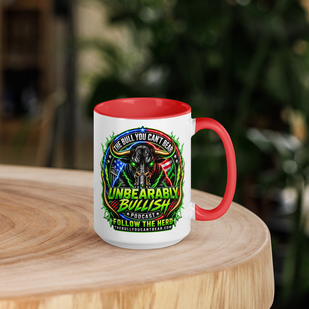 Unbearably Bullish Crest Mug with red interior, 15 oz, right side