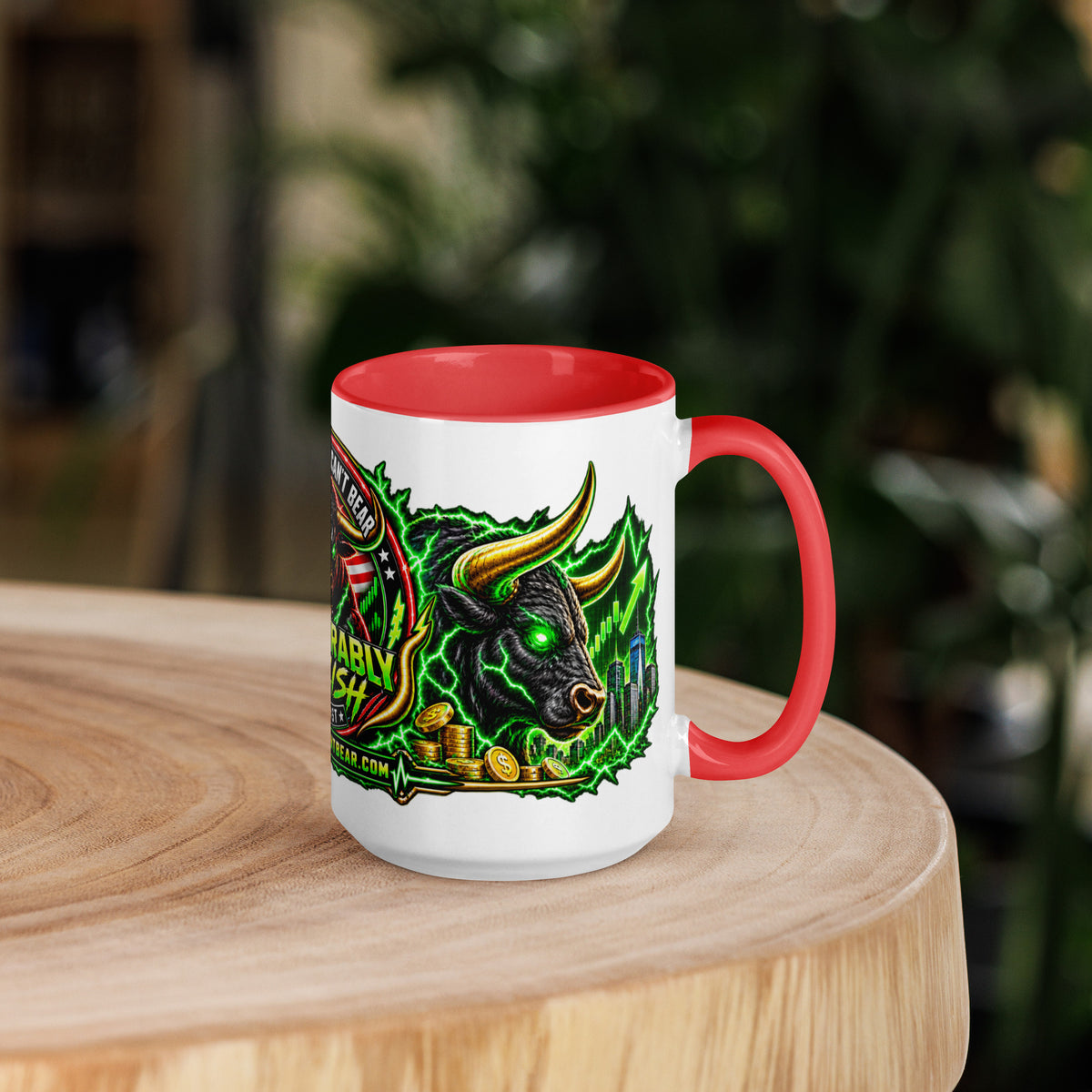 The Bull You Can't Bear Panorama Wrap Mug with red interior, 15 oz, right side