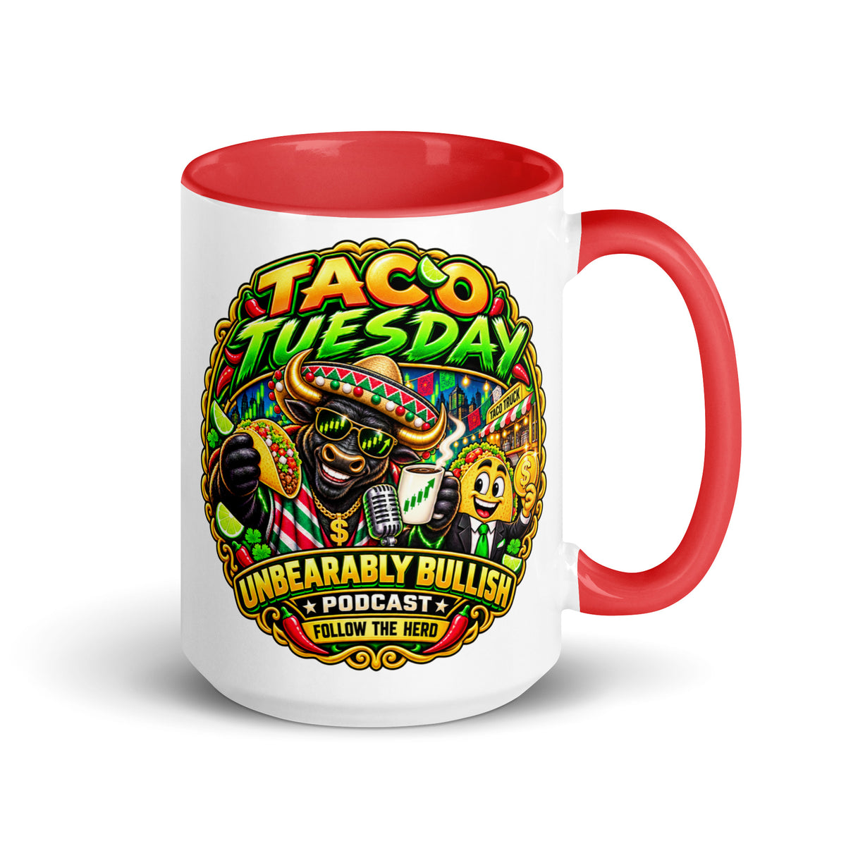 Taco Tuesday Mug with red interior, 15 oz, right side