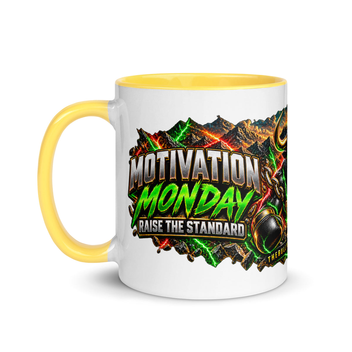 Motivation Monday Own The Week Mug with yellow interior, 11 oz, left side
