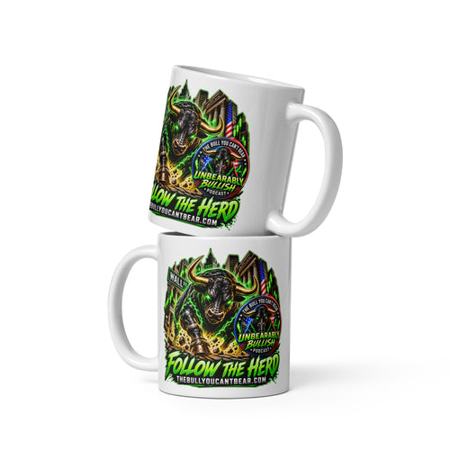 Charging Bull Follow The Herd Mug, white 11 oz, front view