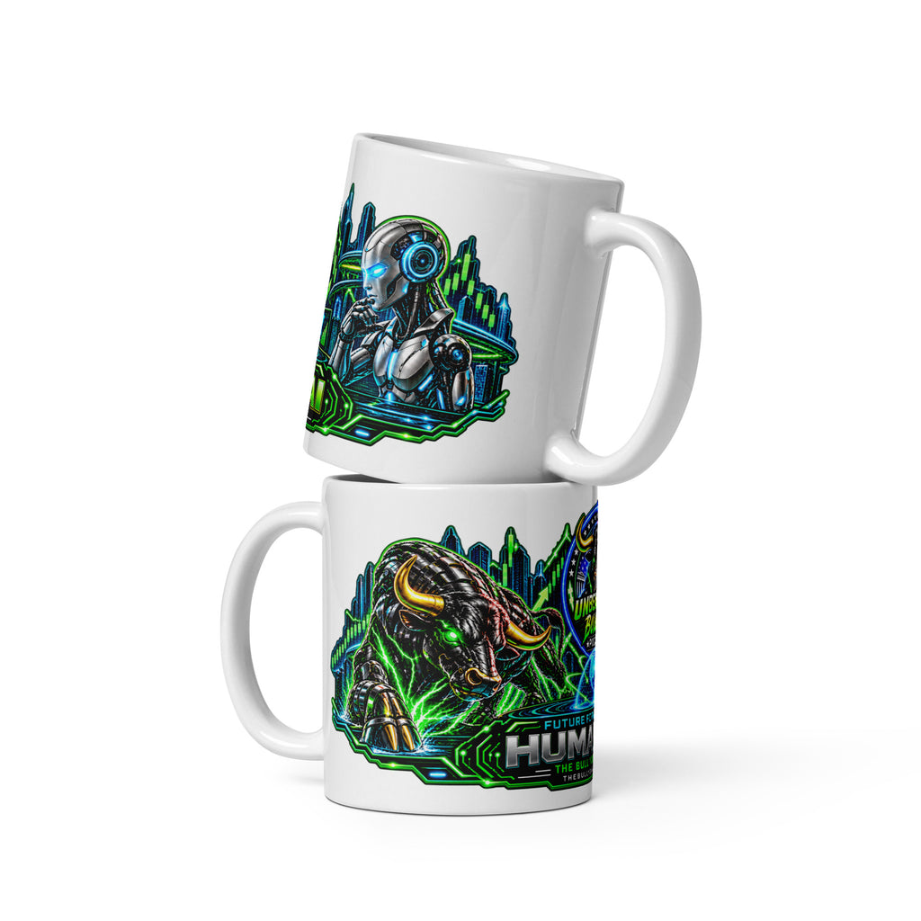 Humans + AI Panorama Wrap Mug, white 11 oz, front view of wraparound print