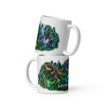 Humans + AI Panorama Wrap Mug, white 11 oz, front view of wraparound print
