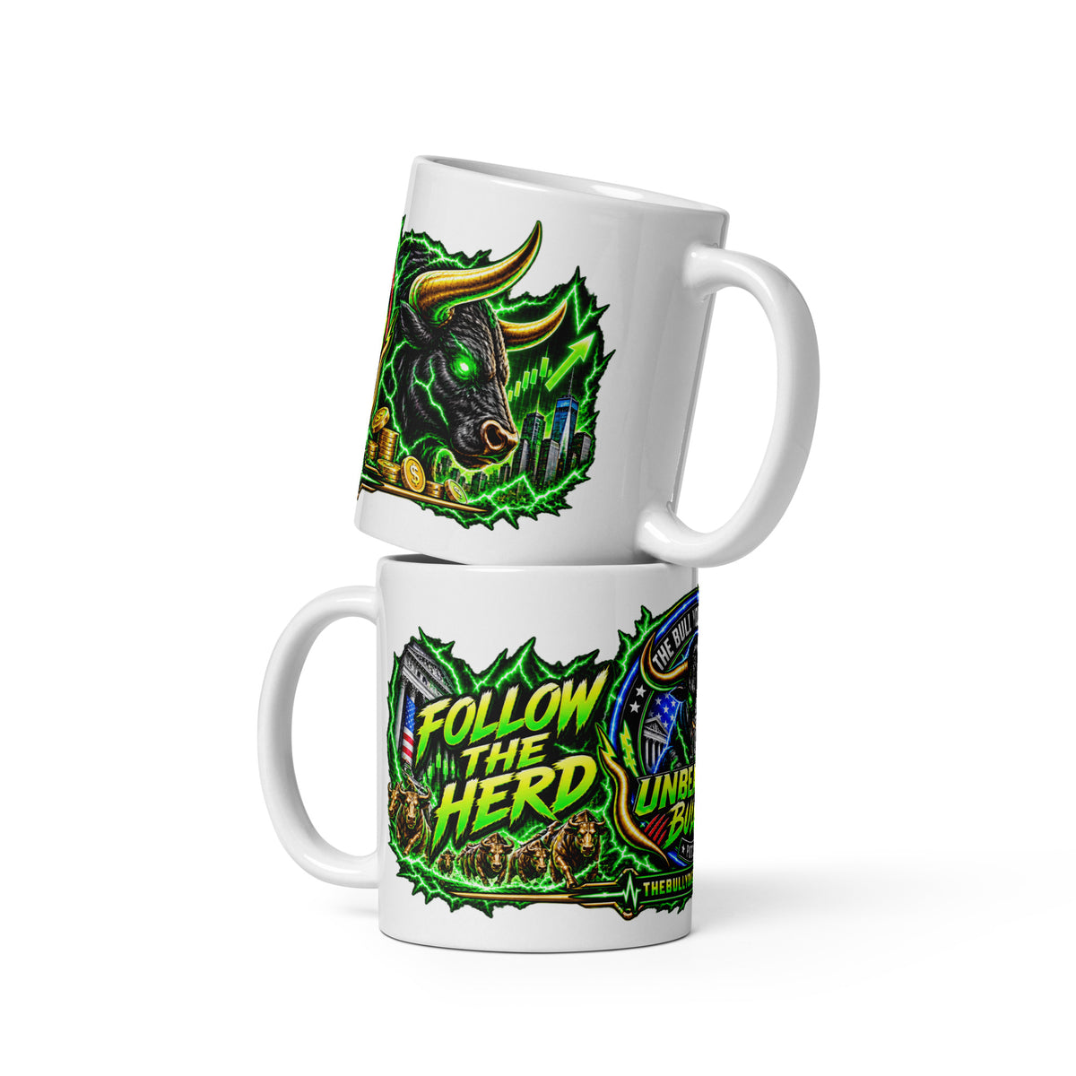The Bull You Can't Bear Panorama Wrap Mug, white 11 oz, front view of wraparound print