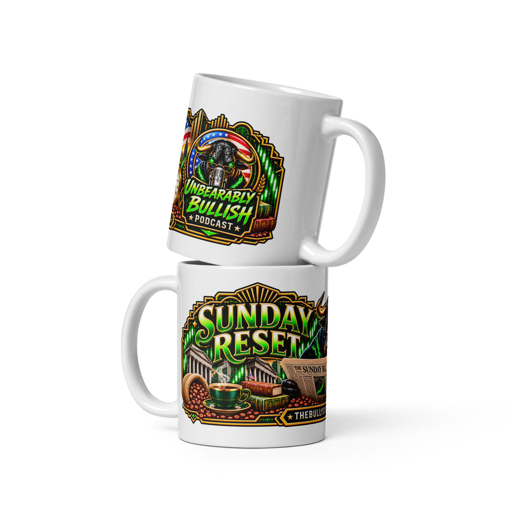 Sunday Reset Panorama Wrap Mug, white 11 oz, front view of wraparound print