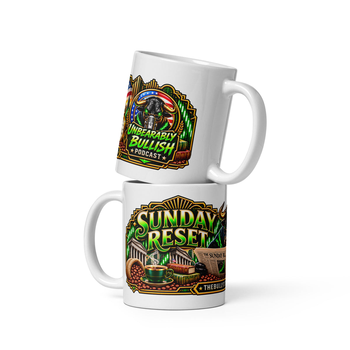 Sunday Reset Panorama Wrap Mug, white 11 oz, front view of wraparound print