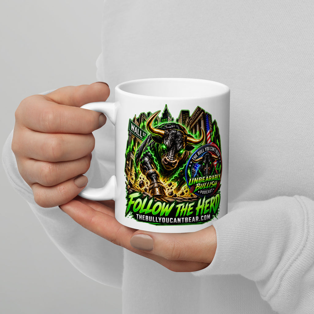 Charging Bull Follow The Herd Mug, white 11 oz, handle on left