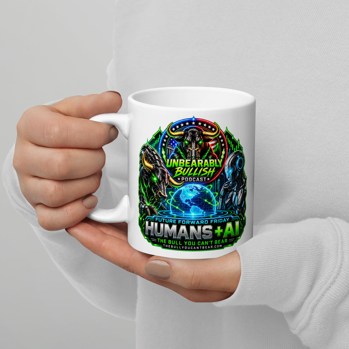 Humans + AI Mug, white 11 oz, handle on left