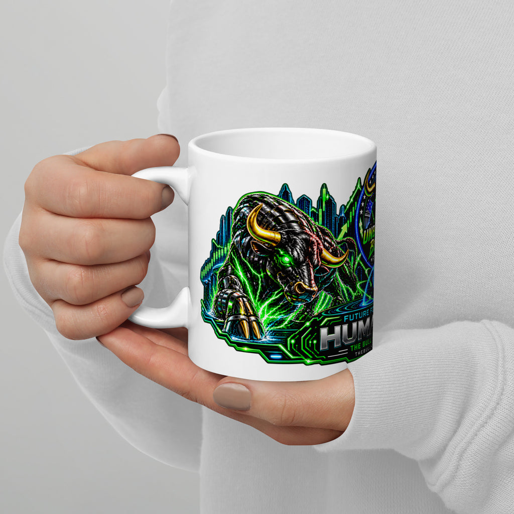 Humans + AI Panorama Wrap Mug, white 11 oz, handle on left