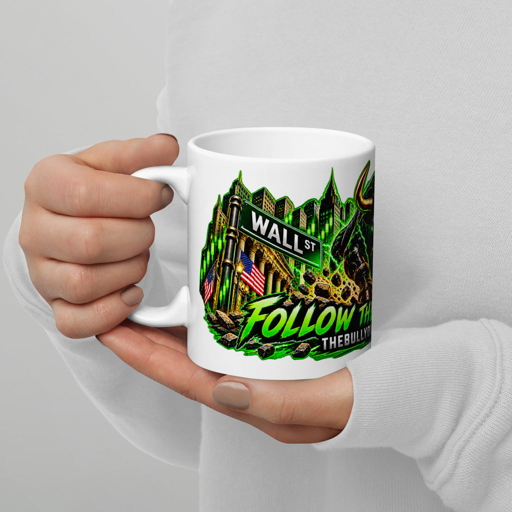 Wall Street Bull Panorama Wrap Mug, white 11 oz, handle on left