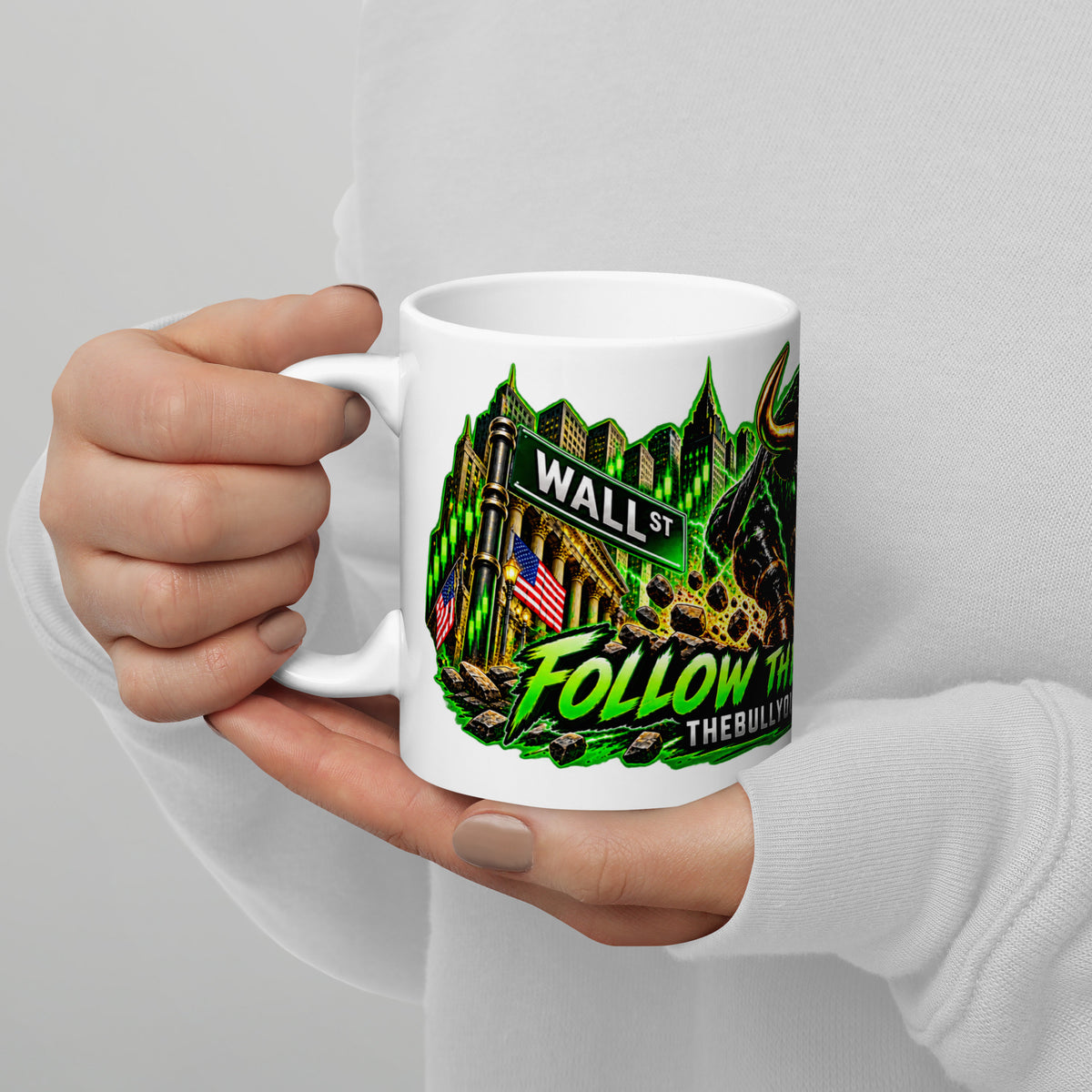 Wall Street Bull Panorama Wrap Mug, white 11 oz, handle on left