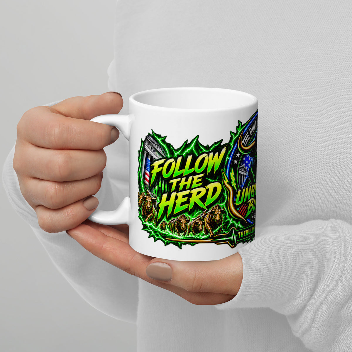 The Bull You Can't Bear Panorama Wrap Mug, white 11 oz, handle on left