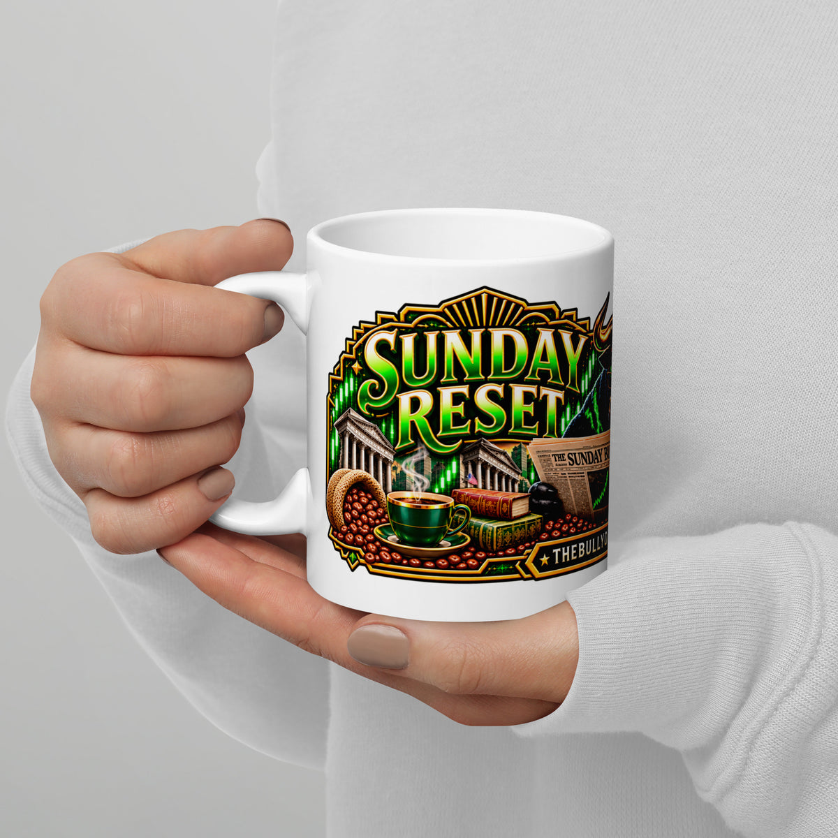 Sunday Reset Panorama Wrap Mug, white 11 oz, handle on left