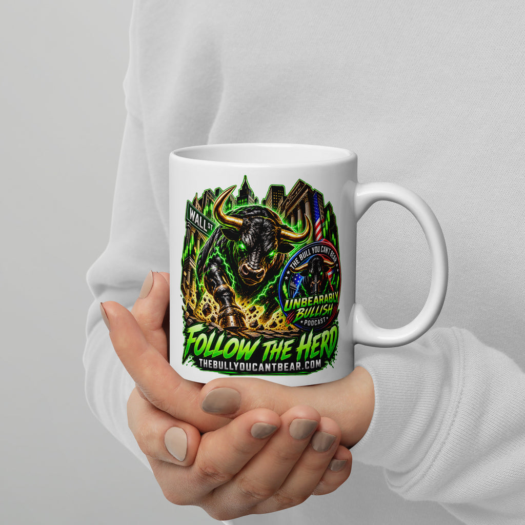 Charging Bull Follow The Herd Mug, white 11 oz, handle on right