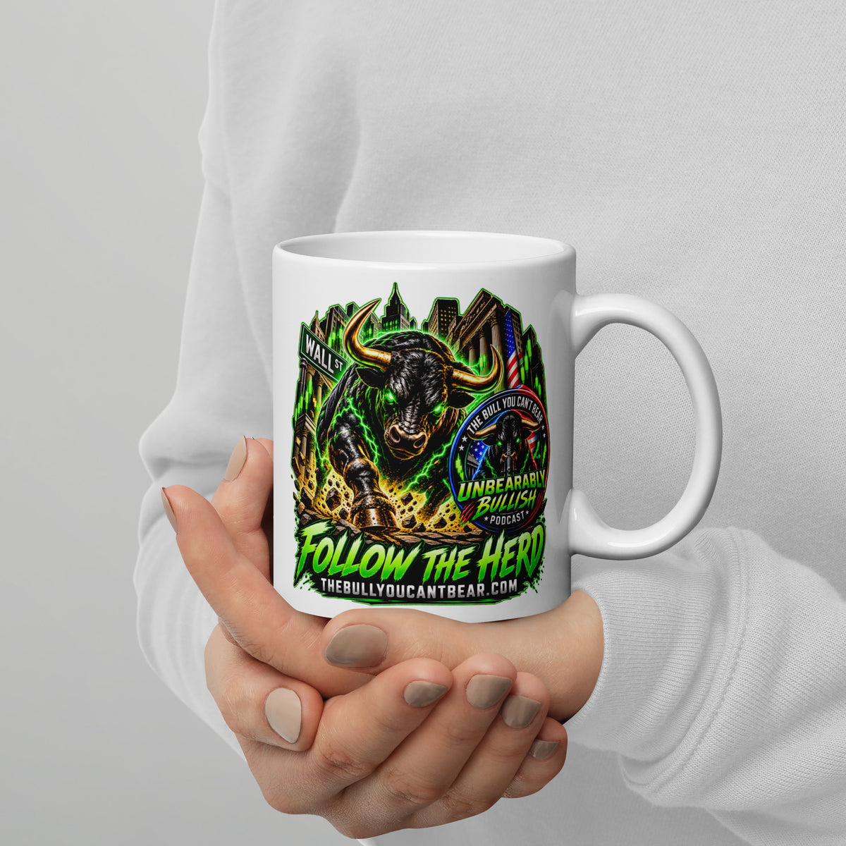 Charging Bull Follow The Herd Mug, white 11 oz, handle on right