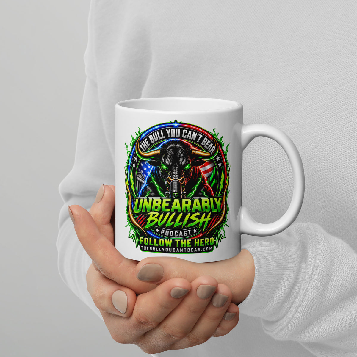 Unbearably Bullish Crest Mug, white 11 oz, handle on right