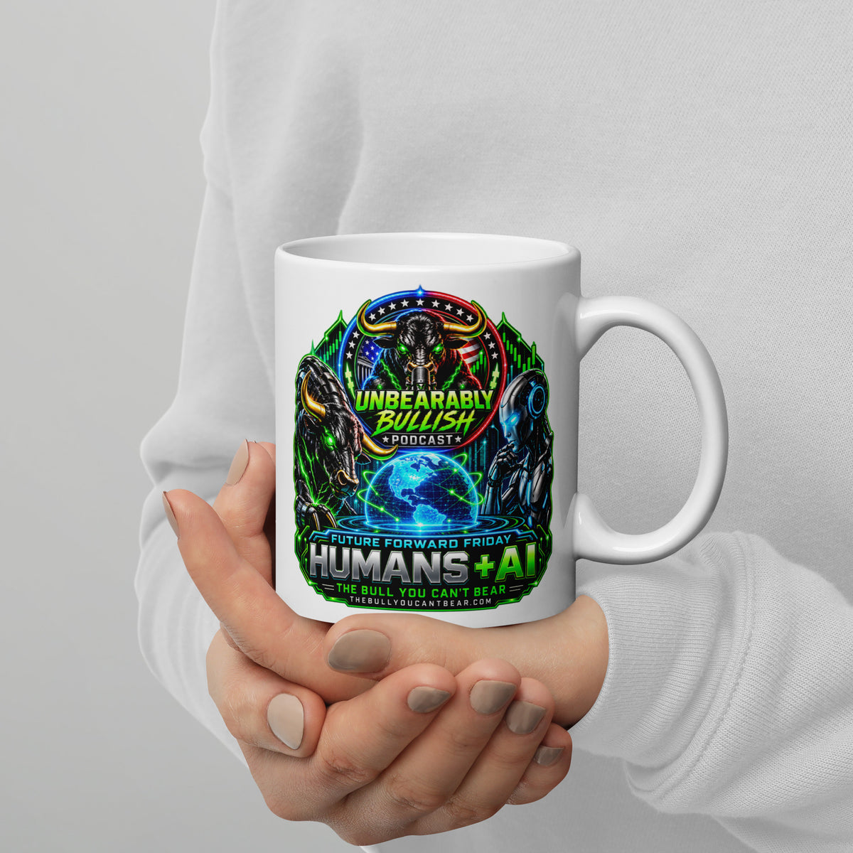 Humans + AI Mug, white 11 oz, handle on right