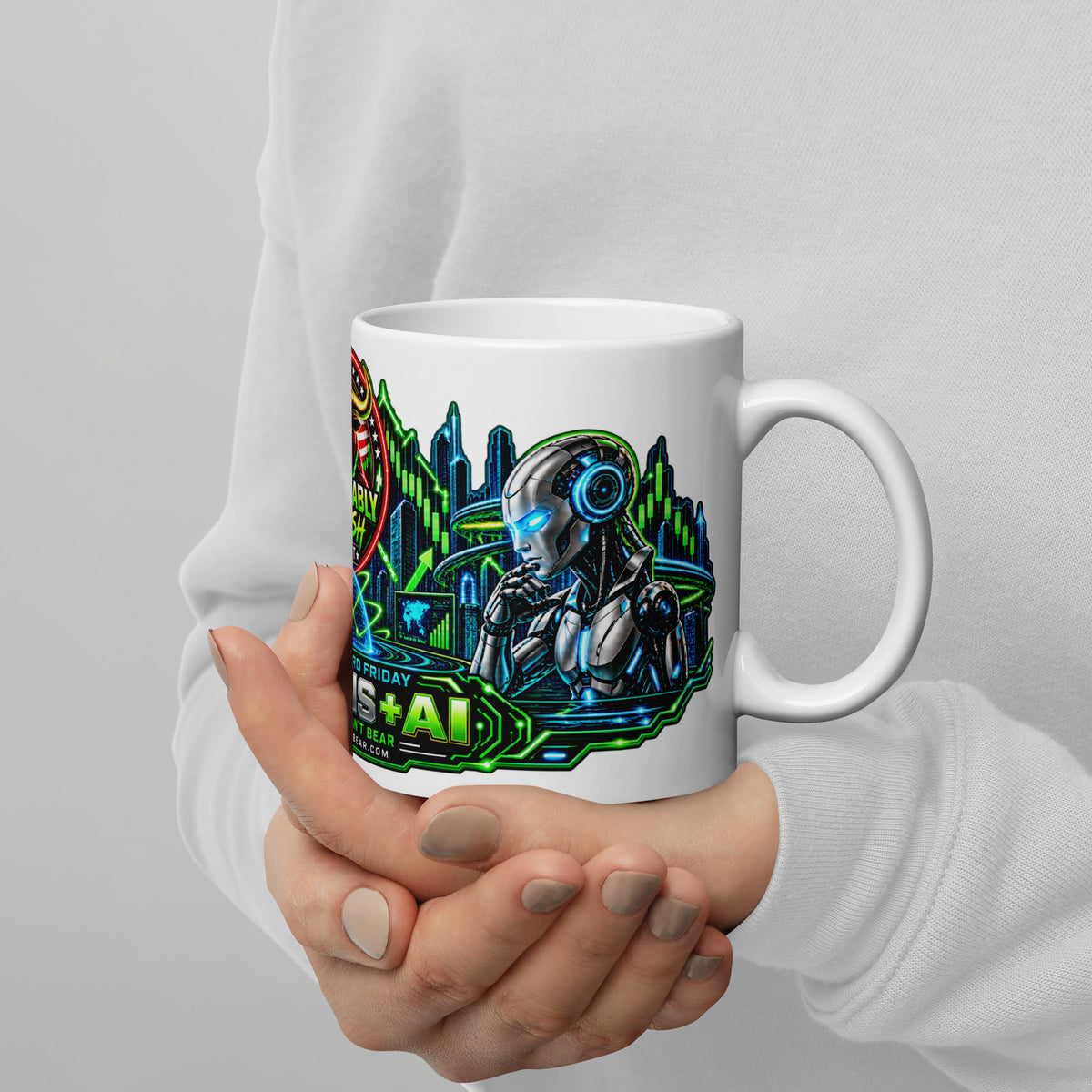 Humans + AI Panorama Wrap Mug, white 11 oz, handle on right