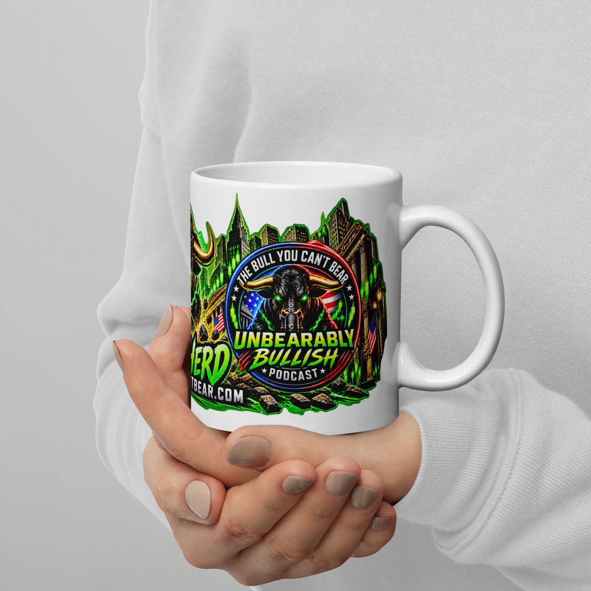 Wall Street Bull Panorama Wrap Mug, white 11 oz, handle on right