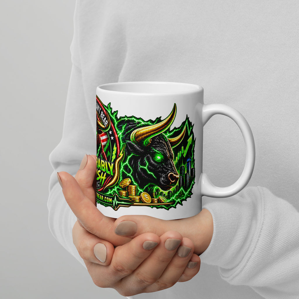 The Bull You Can't Bear Panorama Wrap Mug, white 11 oz, handle on right