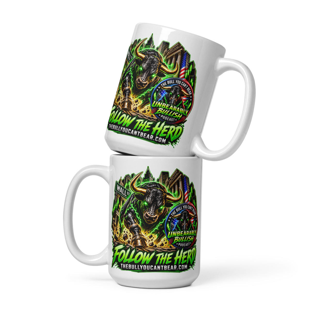 Charging Bull Follow The Herd Mug, white 15 oz, front view