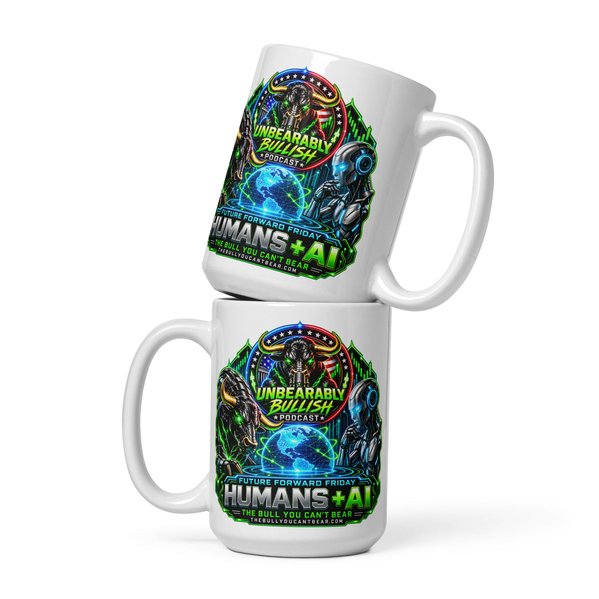 Humans + AI Mug, white 15 oz, front view