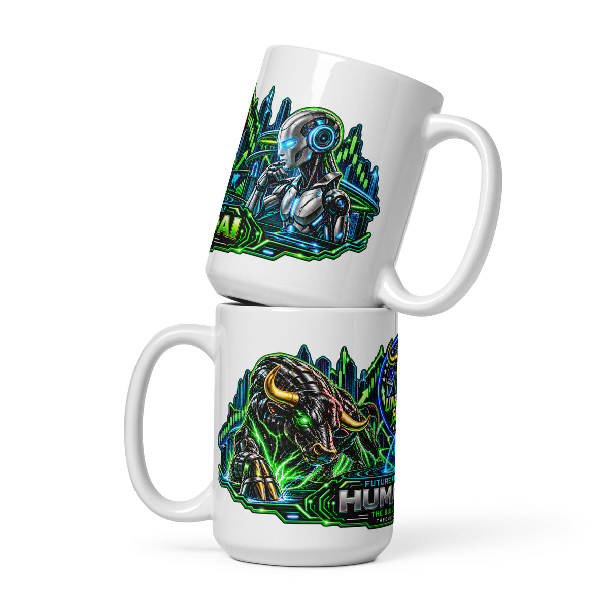 Humans + AI Panorama Wrap Mug, white 15 oz, front view of wraparound print