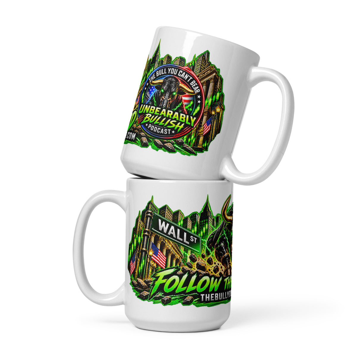 Wall Street Bull Panorama Wrap Mug, white 15 oz, front view of wraparound print
