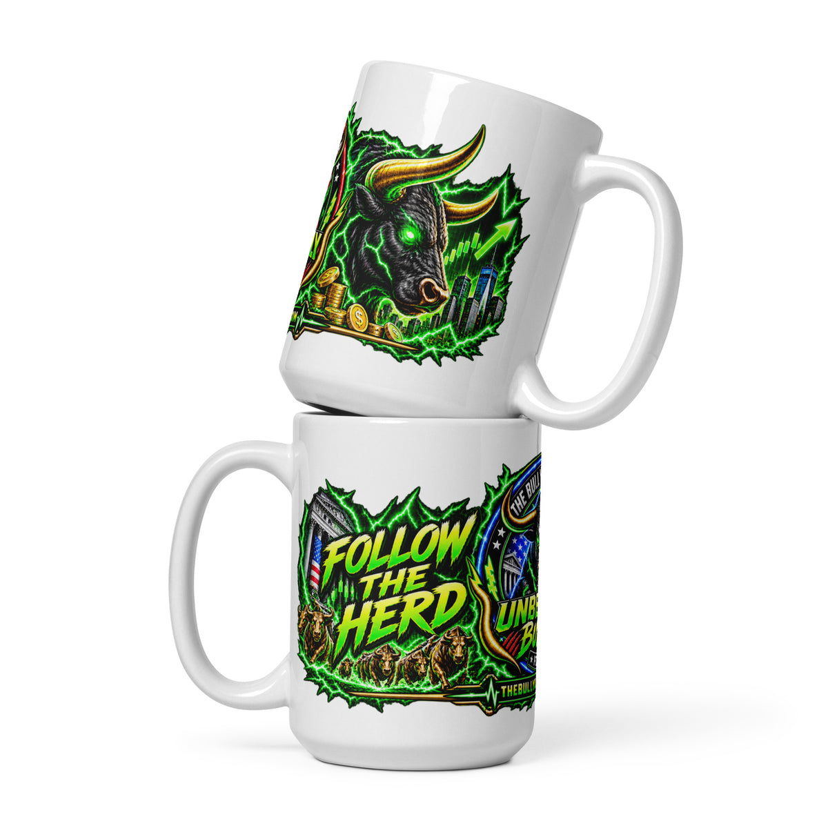 The Bull You Can't Bear Panorama Wrap Mug, white 15 oz, front view of wraparound print