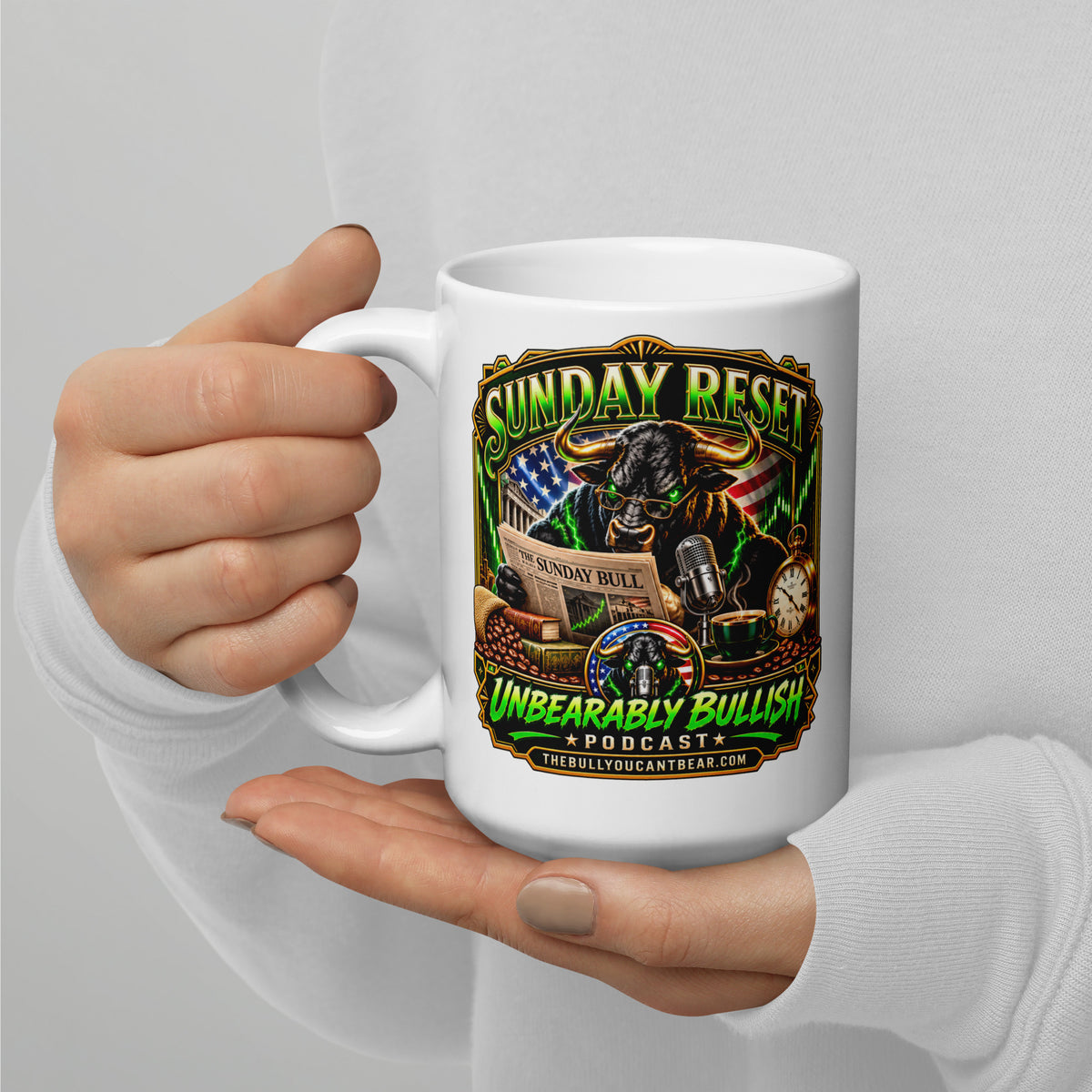 Sunday Reset Mug, white 15 oz, handle on left