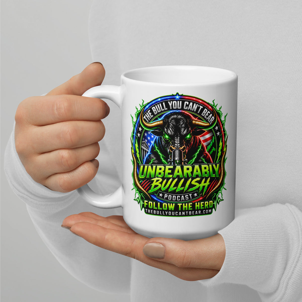 Unbearably Bullish Crest Mug, white 15 oz, handle on left