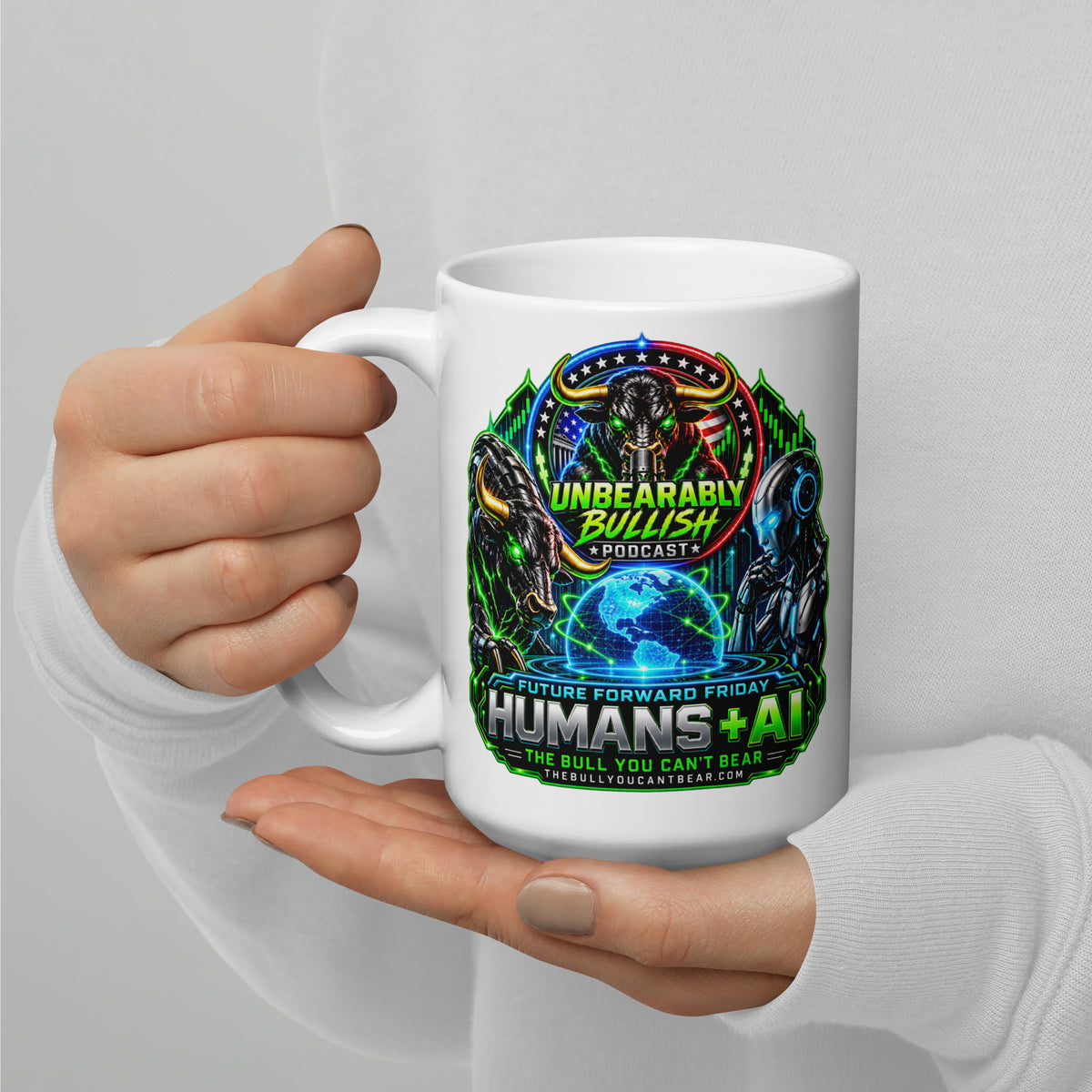 Humans + AI Mug, white 15 oz, handle on left