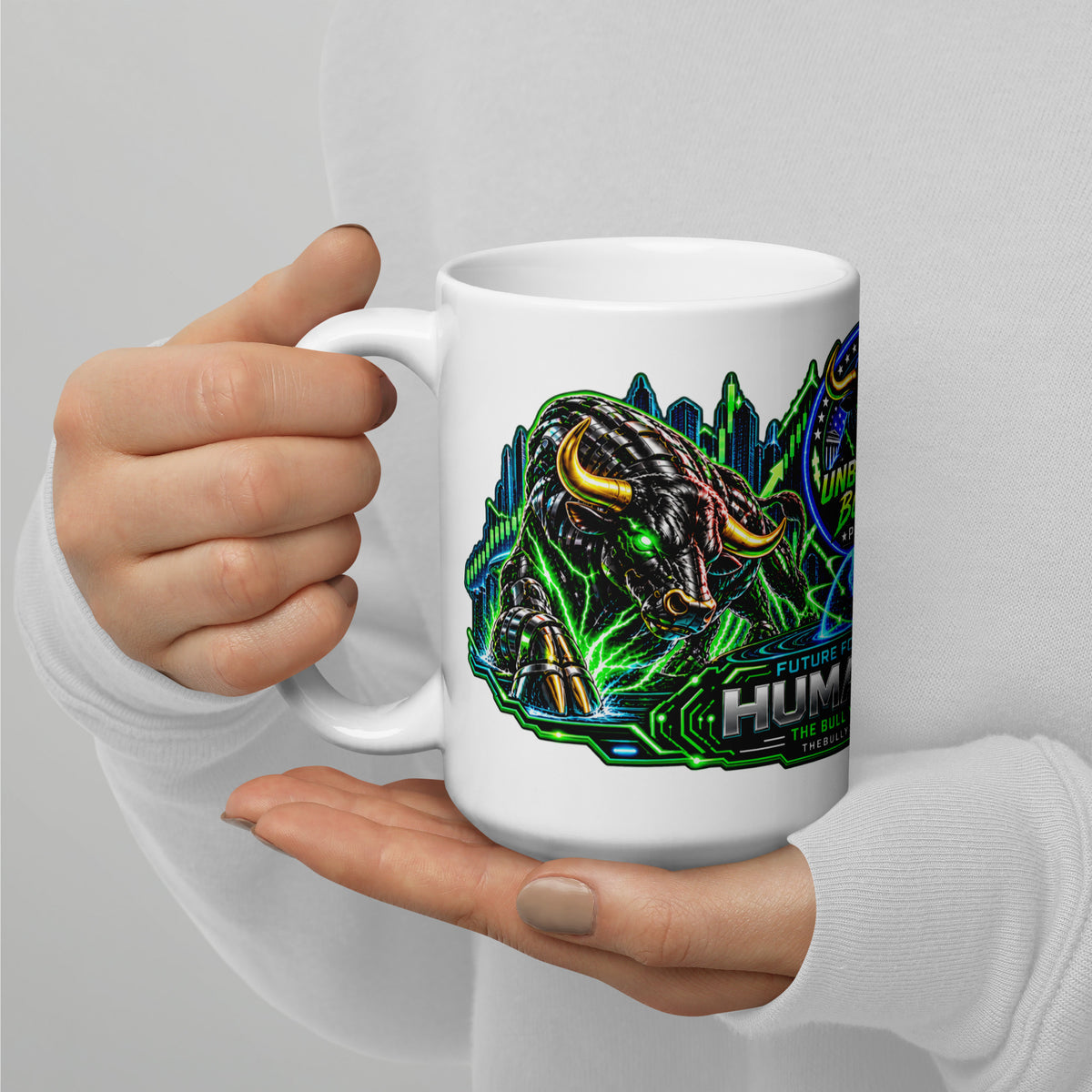 Humans + AI Panorama Wrap Mug, white 15 oz, handle on left
