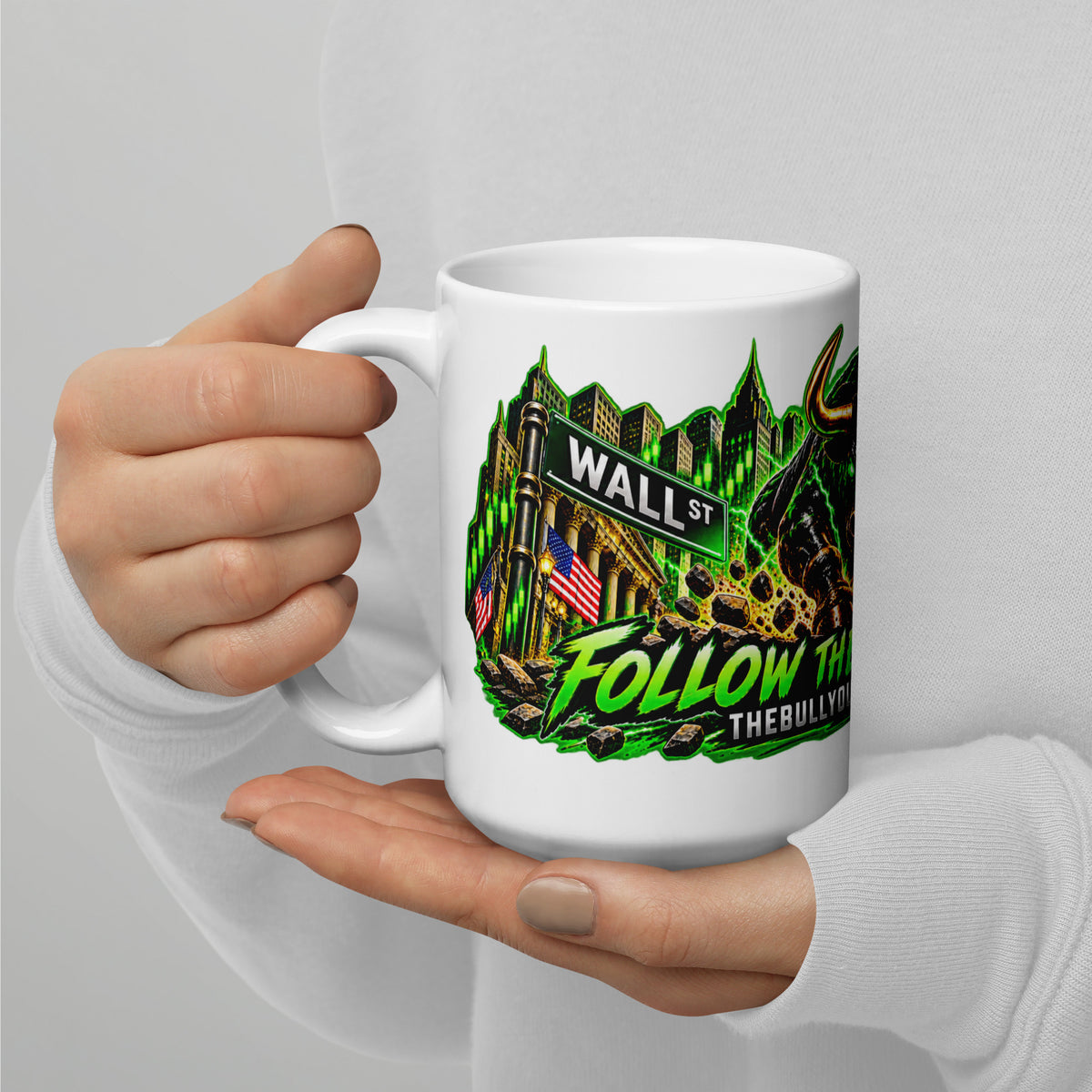 Wall Street Bull Panorama Wrap Mug, white 15 oz, handle on left