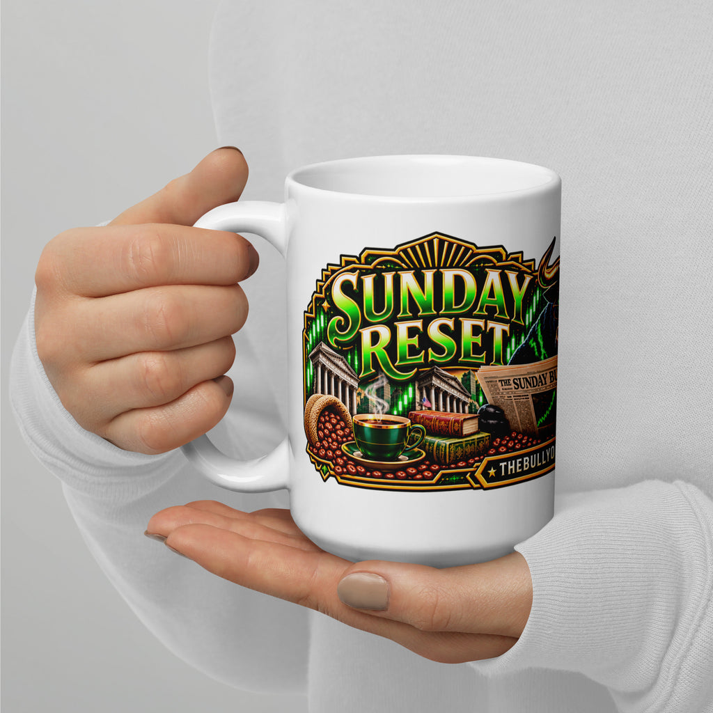 Sunday Reset Panorama Wrap Mug, white 15 oz, handle on left
