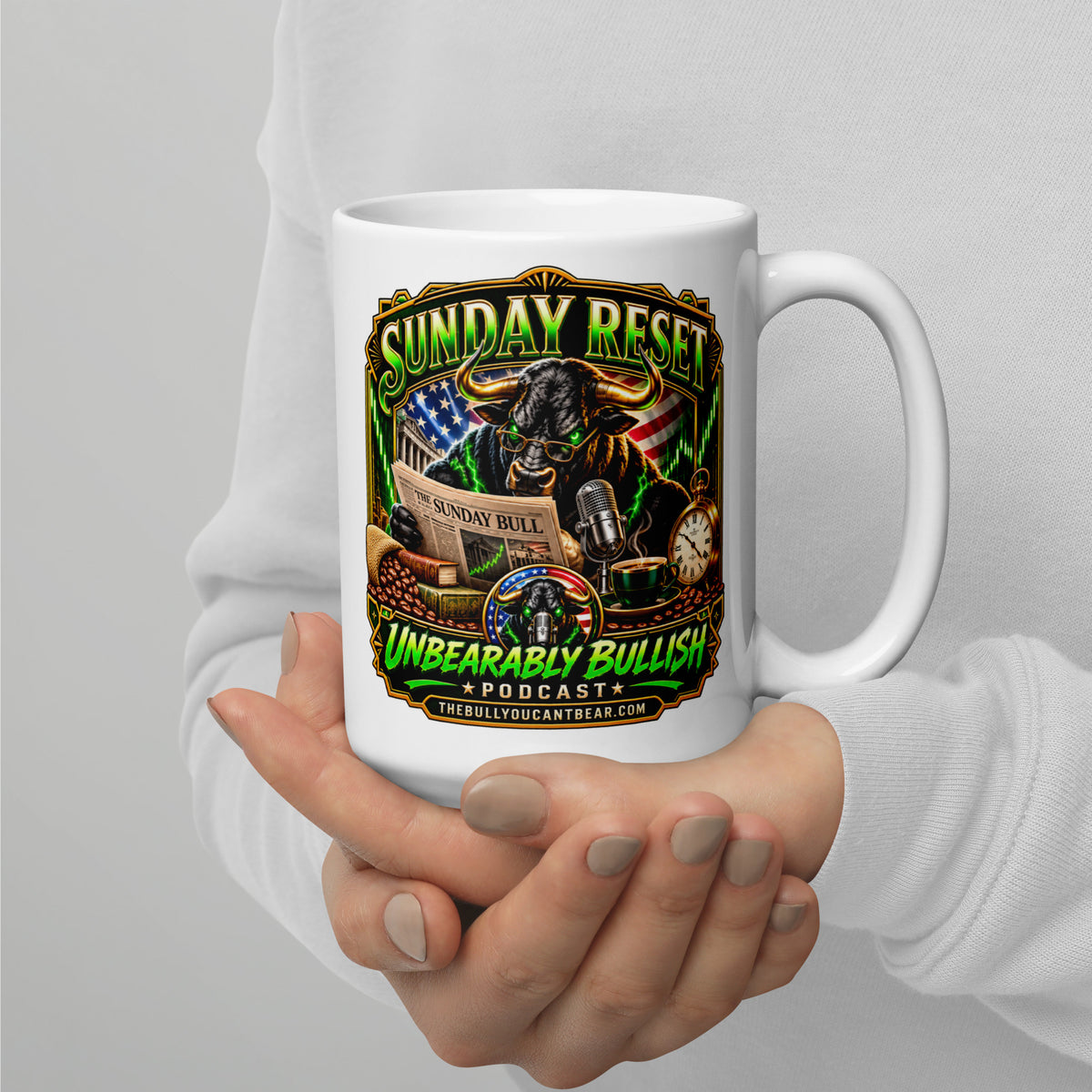 Sunday Reset Mug, white 15 oz, handle on right