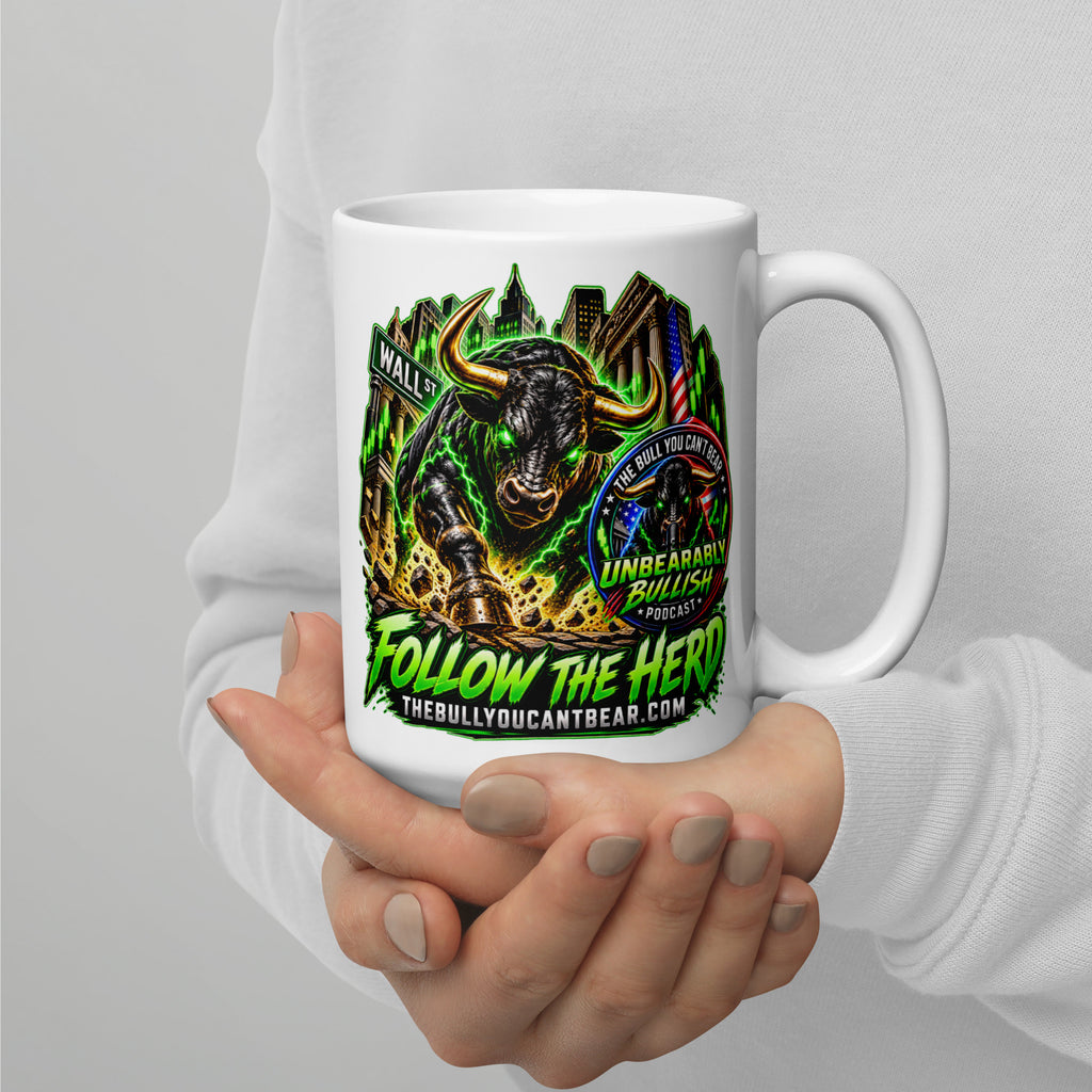 Charging Bull Follow The Herd Mug, white 15 oz, handle on right