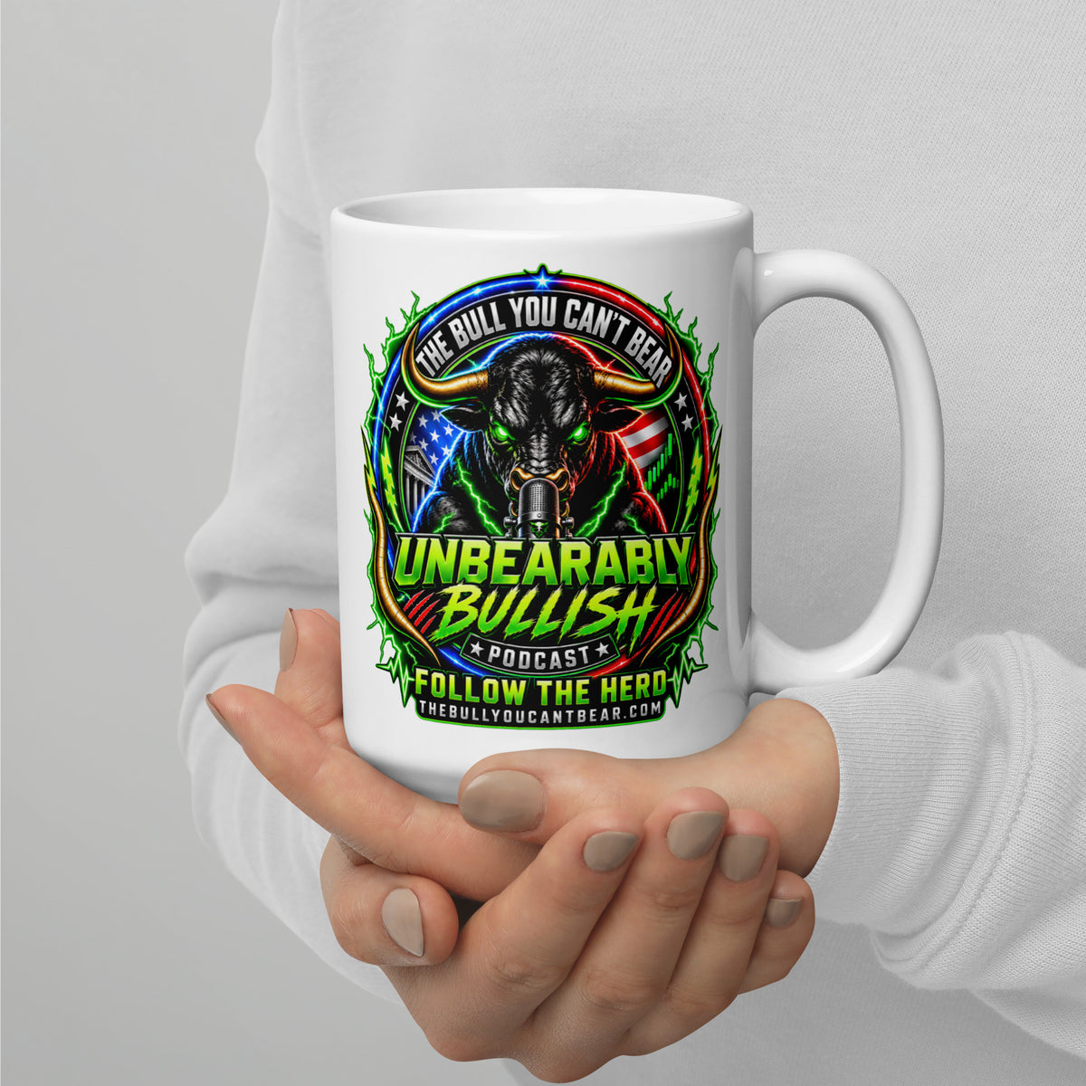 Unbearably Bullish Crest Mug, white 15 oz, handle on right